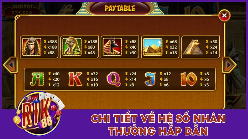 Nữ Hoàng Ai Cập - Cực Phẩm Quay Thưởng Khủng Lụm X388 2 Chi tiết về hệ số nhân thưởng hấp dẫn