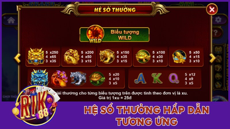 Nổ Hũ Kho Báu Tứ Linh Đổi Thưởng Hấp Dẫn Giật Ngay Nửa Tỷ 3 Hệ số thưởng hấp dẫn tương ứng với từng biểu tượng
